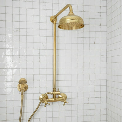 Unlacquered Brass Shower System - Wall Mount Mixer with HandheldUnlacquered Brass Shower System with Handheld - Wall Mount Mixer