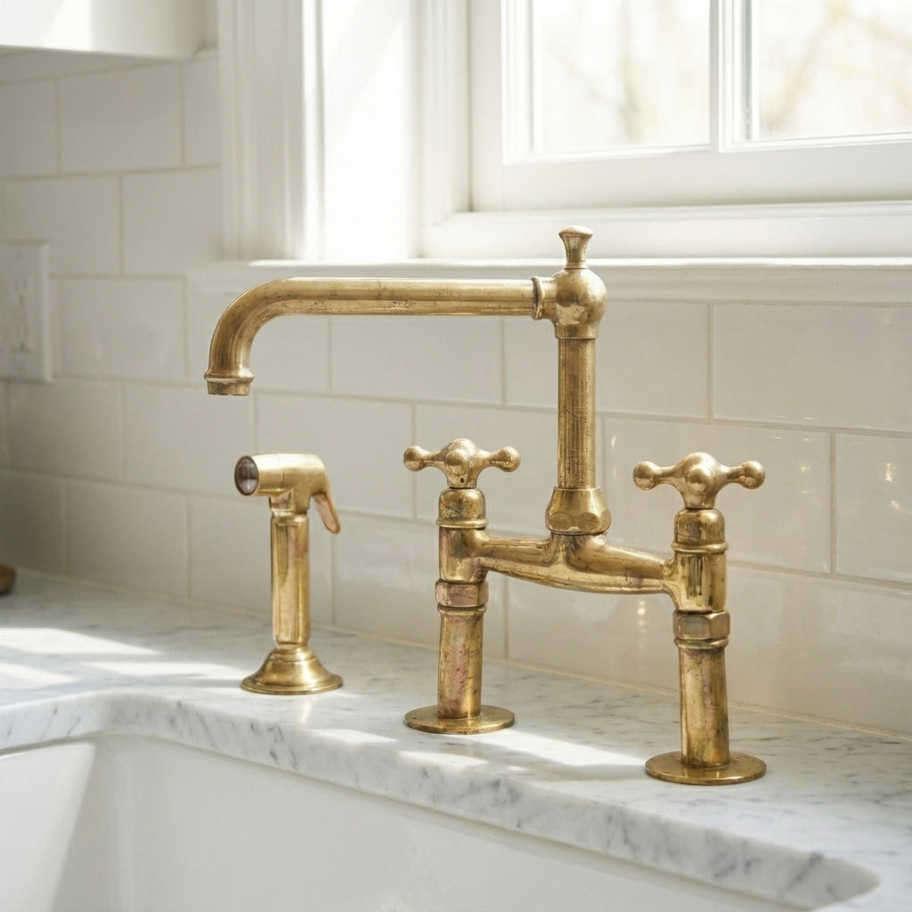 Old-World Unlacquered Brass Bridge Faucet With Traditional Design - Zayian