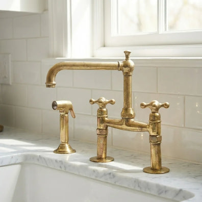 Old-World Unlacquered Brass Bridge Faucet With Traditional DesignOld-World Unlacquered Brass Bridge Kitchen Faucet | Traditional Tap