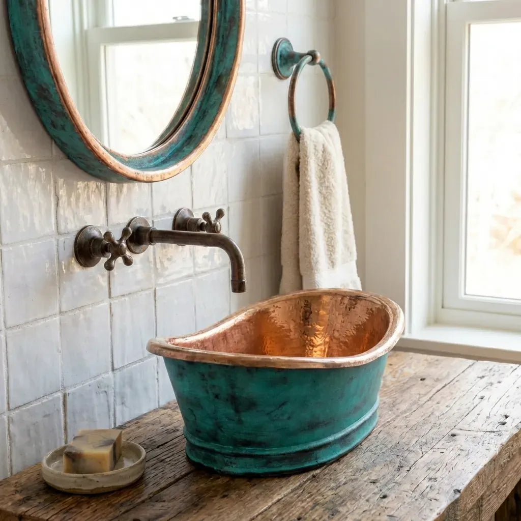 Oxidized Copper Tub Sink with Green Patina – Handmade Bathroom Vessel Basin