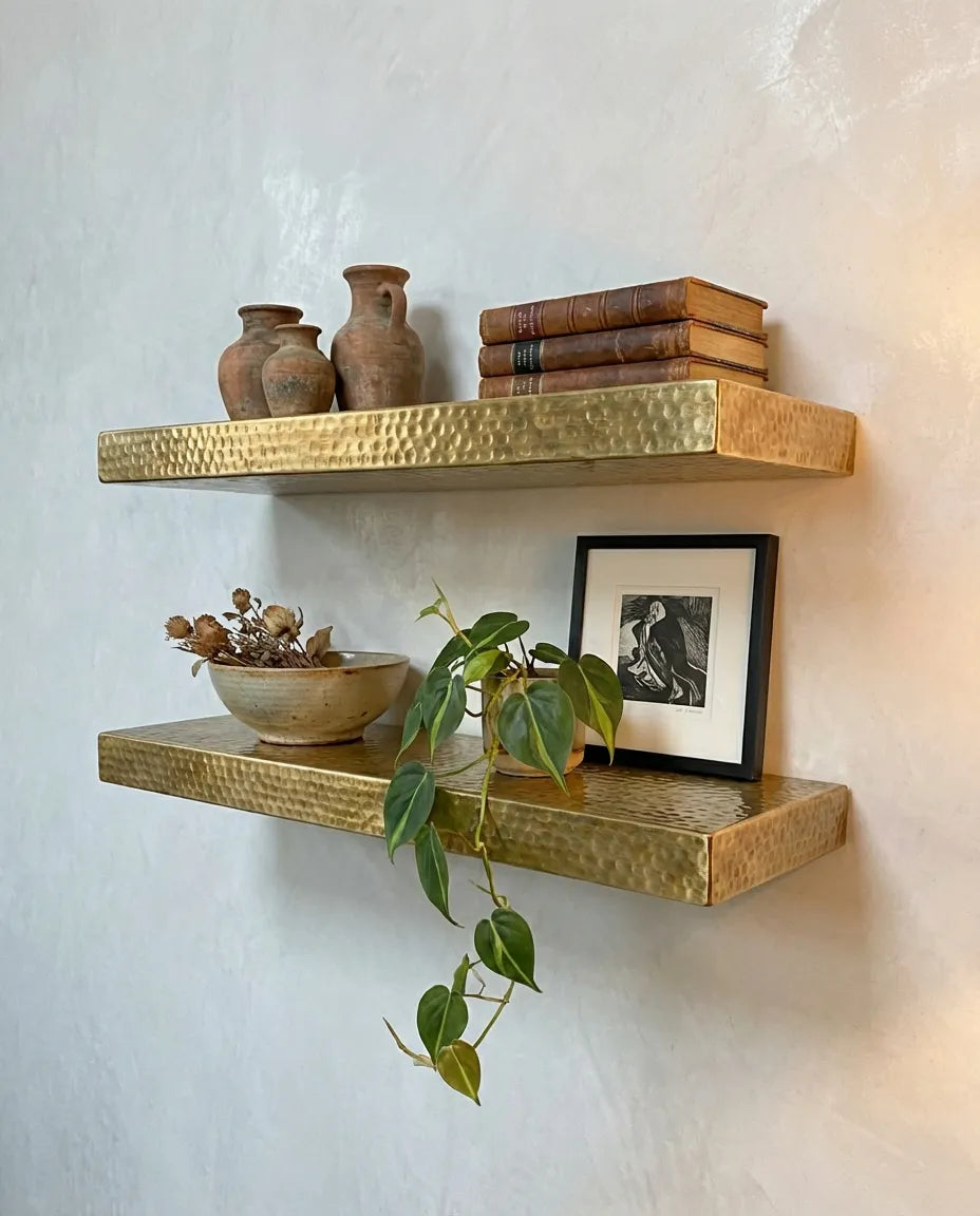 Pair of hammered brass wall shelves, floating shelves for modern home decor