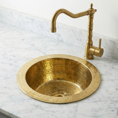 Handmade Hammered Brass Round Sink - Solid Unlacquered Brass Bar BasinHandmade Hammered Brass Bar Sink - Solid Round Prep Basin | Zayian