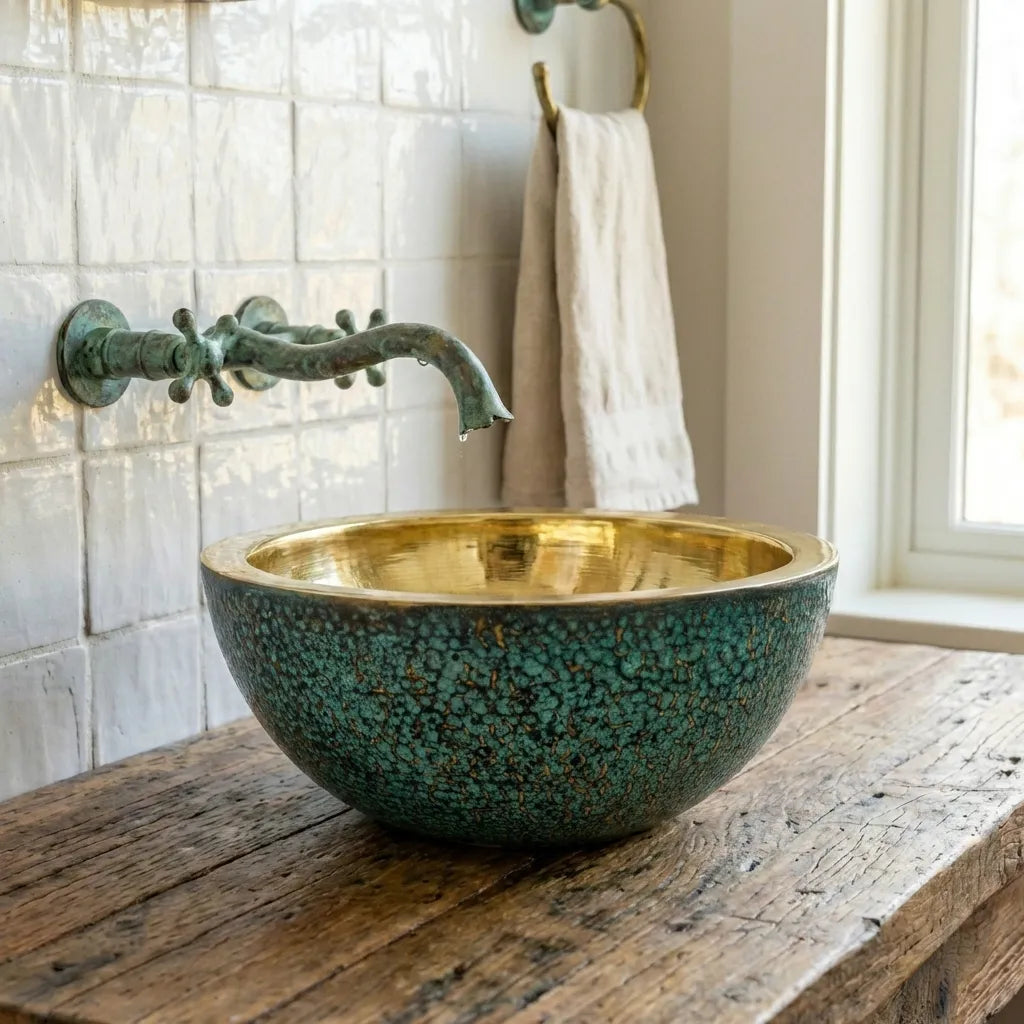 Round Brass Washbasin Verdigris – Handmade Luxury Bathroom Basin