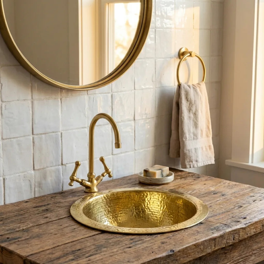 Round Hammered Brass Sink | Handmade Unlacquered Brass Bathroom Basin