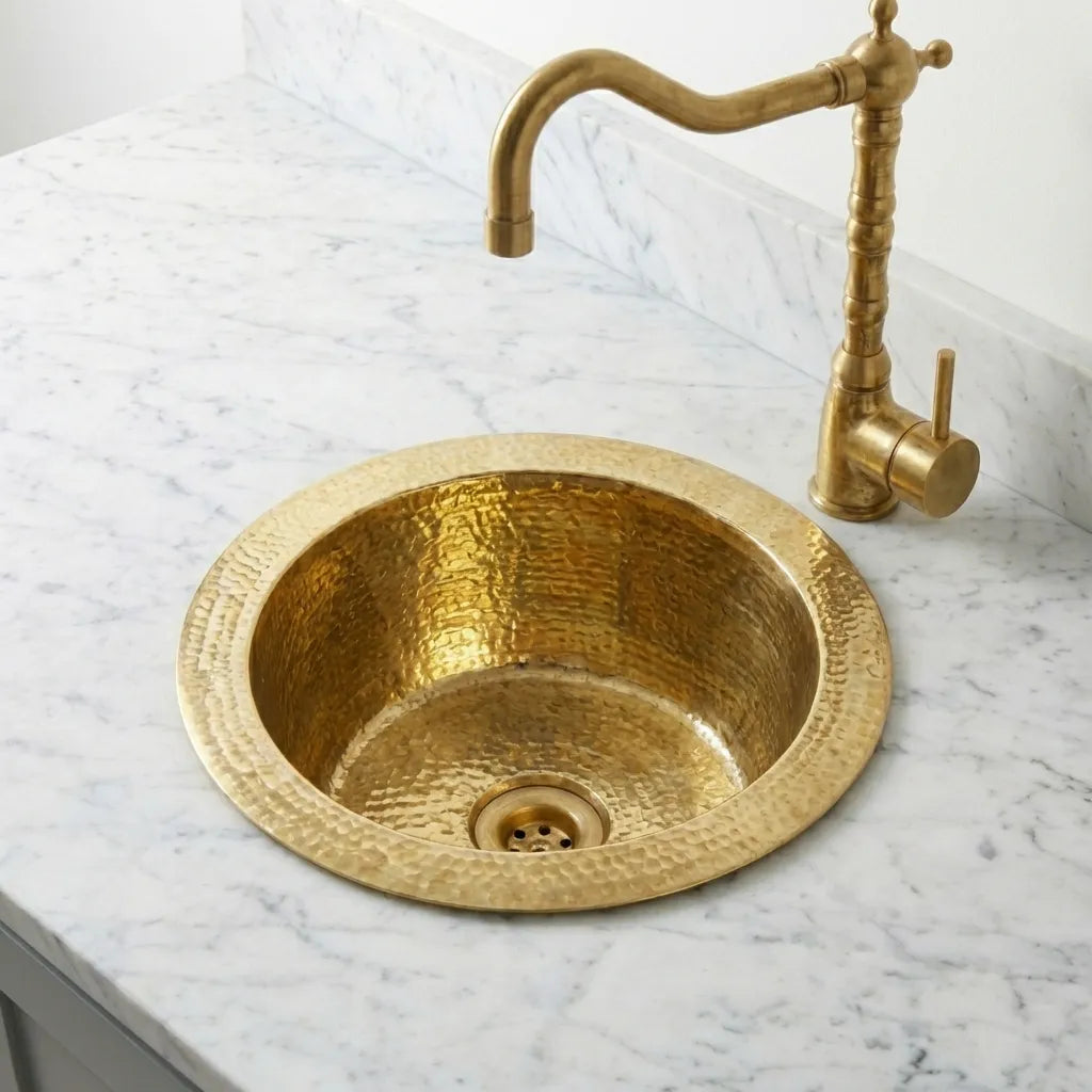 Round Hammered Brass Sink – Premium Gold Bar & Cocktail Prep Basin