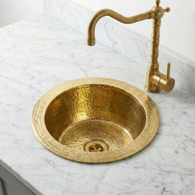 Handmade Hammered Brass Round Sink - Solid Unlacquered Brass Bar BasinHandmade Hammered Brass Bar Sink - Solid Round Prep Basin | Zayian