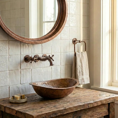 Hand-Hammered Copper Vessel Sink - Rustic Bathroom WashbasinHand-Hammered Copper Vessel Sink - Rustic Bathroom Washbasin