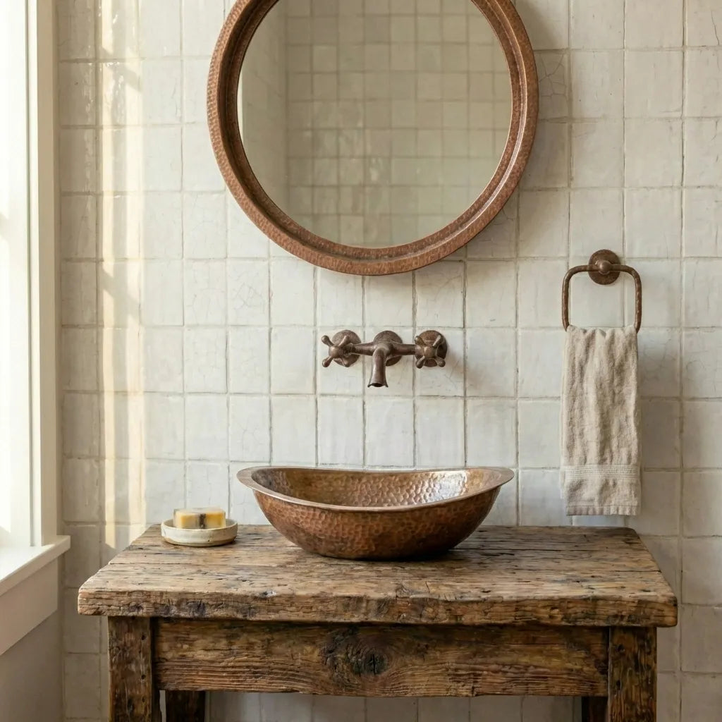 Round Hammered Copper Sink – Vintage Rustic Bathroom Vessel