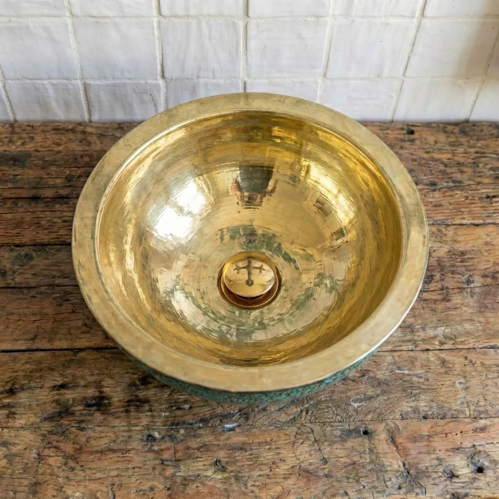 Round Verdigris Brass Vessel Sink – Handmade Luxury Washbasin WITH BRASS POP UP