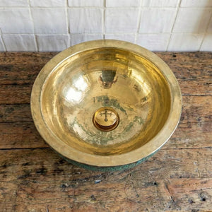 Round Verdigris Brass Vessel Sink – Handmade Luxury Washbasin WITH BRASS POP UP