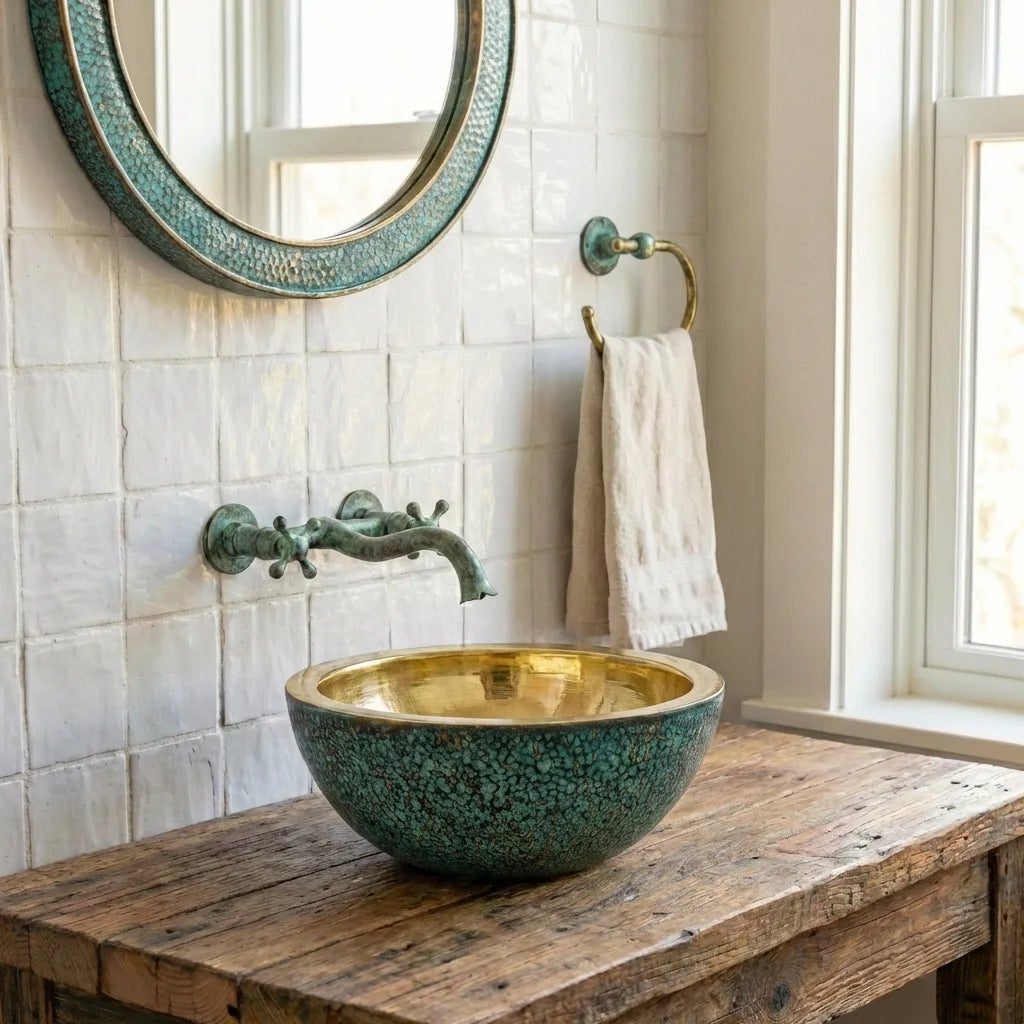 Round Verdigris Brass Washbasin – Hand-Hammered Luxury Vessel Sink