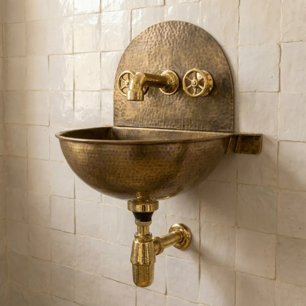 Handmade Rustic Brass Wall Mounted Bathroom Sink Set