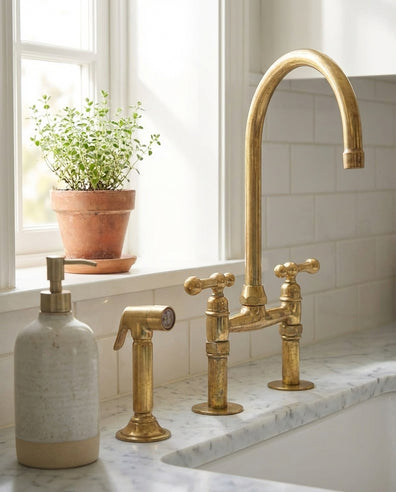 Farmhouse Unlacquered Brass Bridge Faucet with Dual Lever HandlesFarmhouse Unlacquered Brass Bridge Faucet with Lever Handles |Shop Now