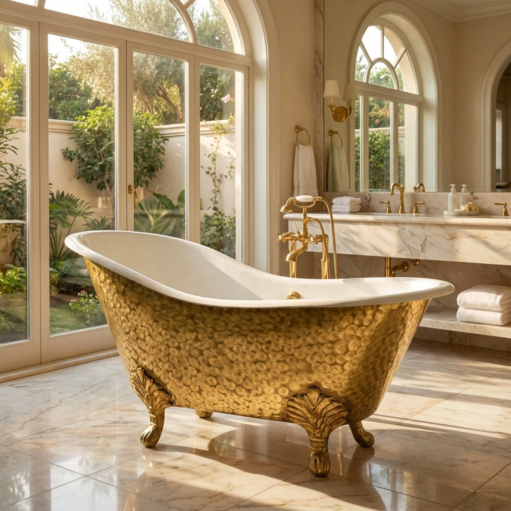 Gold bathtub in a luxurious bathroom with large windows and marble flooring.