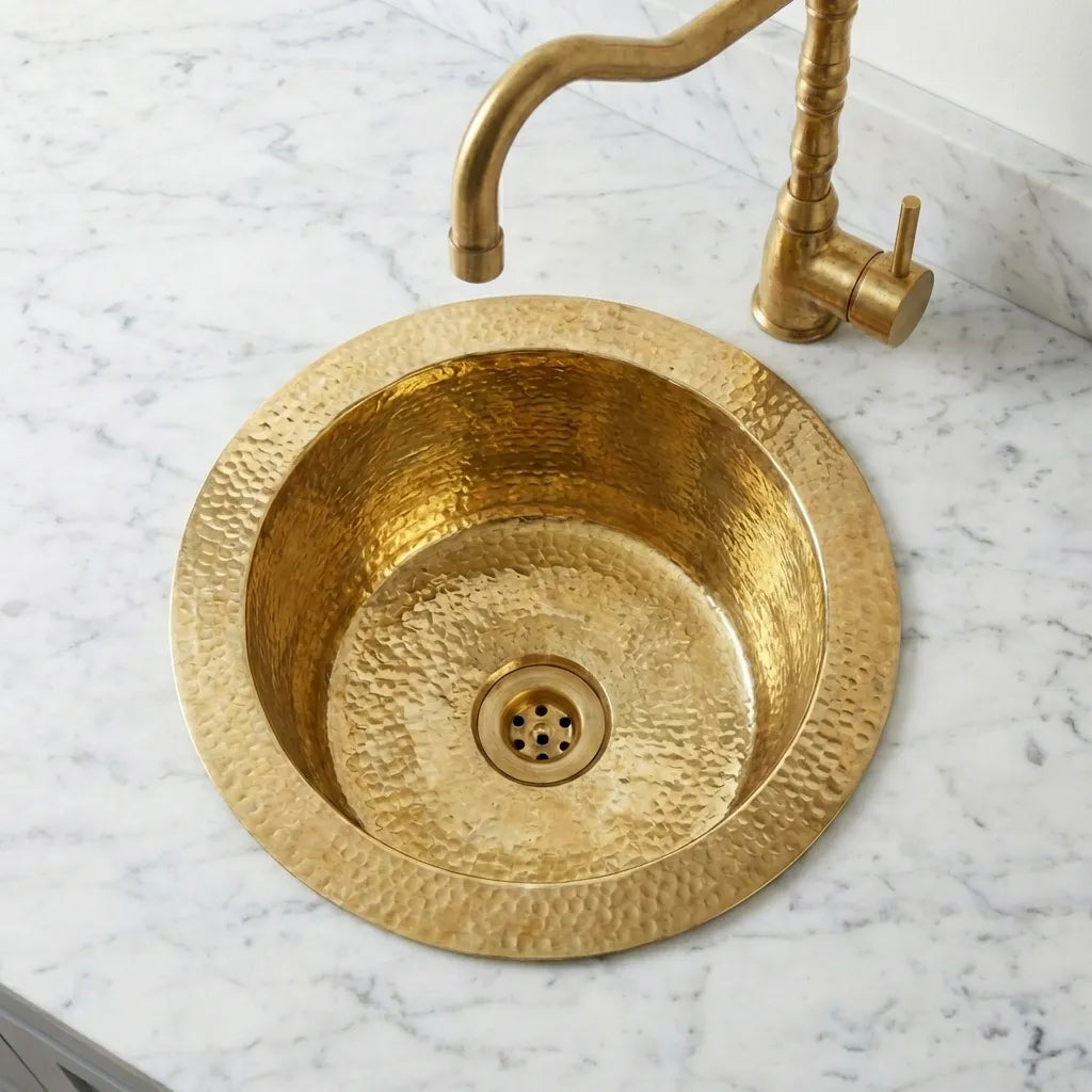 Solid Brass Round Bar Sink – Luxury Undermount Hammered Finish
