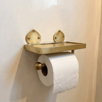 Solid Brass Toilet Paper Holder with Shelf - Handmade Wall Mount AccessorySolid Brass Toilet Paper Holder with Shelf | Handmade Wall Mount Accessory