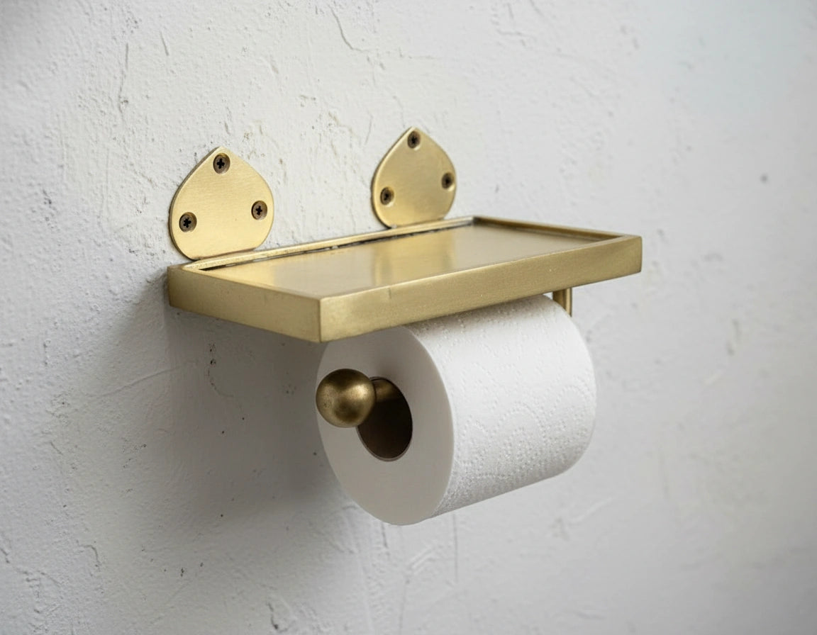 Solid Brass Toilet Paper Holder with Shelf – Handmade Wall Mount Accessory