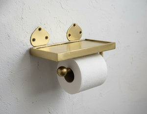 Solid Brass Toilet Paper Holder with Shelf – Handmade Wall Mount Accessory