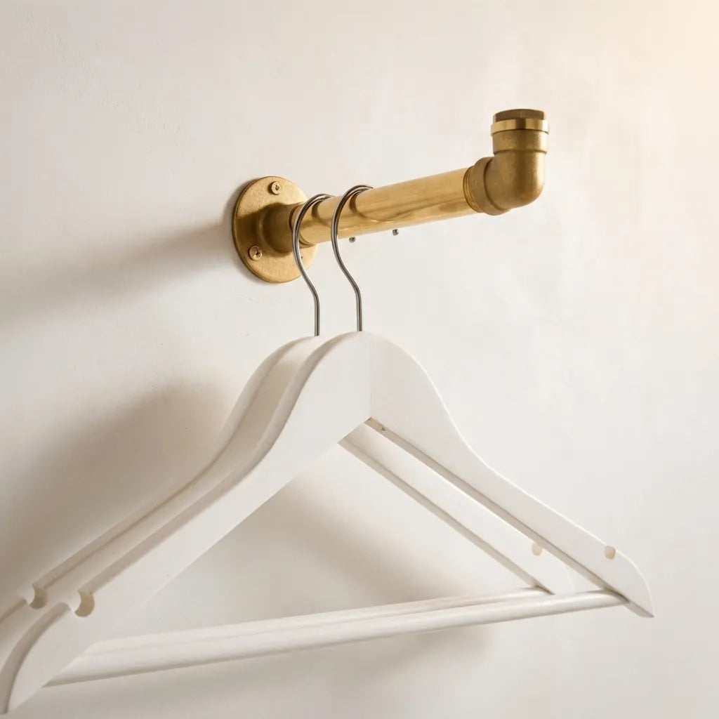 White hanger on a gold pipe-style hook against a white background