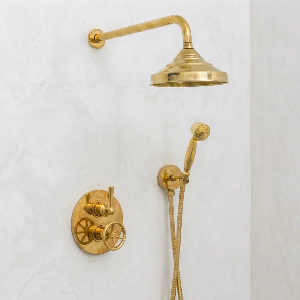 Unlacquered Brass Thermostatic Mixer Shower System -Rain Head with HandheldUnlacquered Brass Thermostatic Mixer Shower System - Rain Head with Handheld