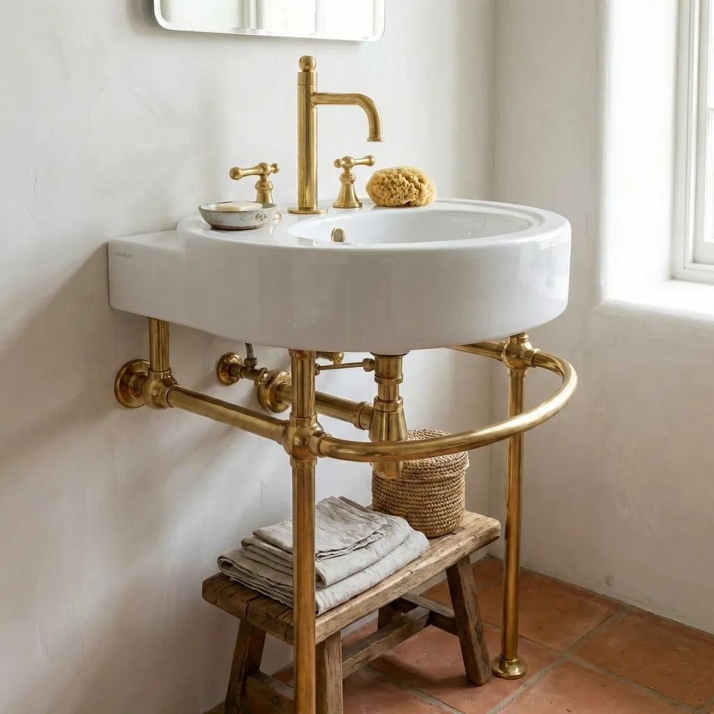 Solid Brass Console Sink Legs with Curved Support Rail - Luxury Bathroom Stand BaseSolid Unlacquered Brass Console Sink Legs with Rail •Custom Size