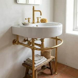 Solid Brass Console Sink Legs with Curved Support Rail - Luxury Bathroom Stand BaseSolid Unlacquered Brass Console Sink Legs with Rail •Custom Size