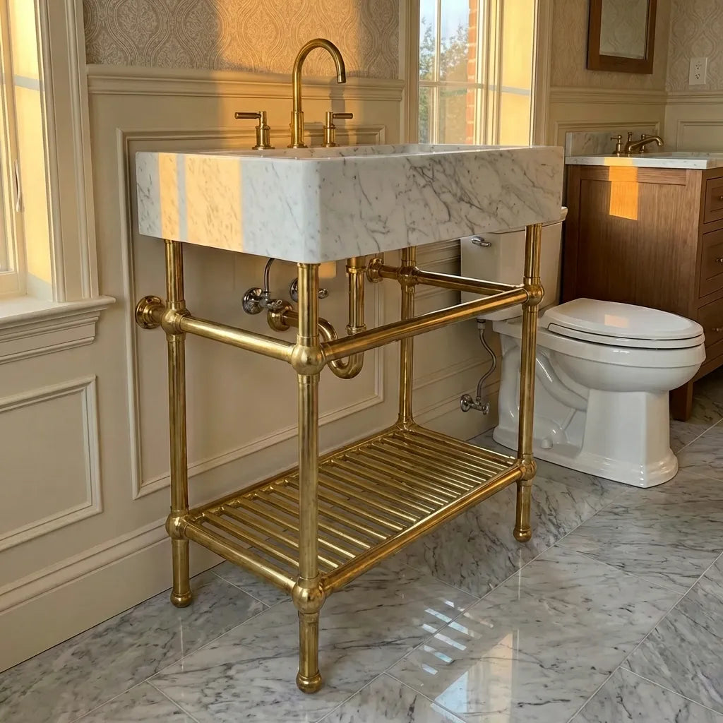 Solid Brass Console Sink Legs with Shelf - Vintage Bathroom Stand for Marble & Stone SinksSolid Brass Console Sink Legs with Shelf | Vintage Bathroom Sink Stand