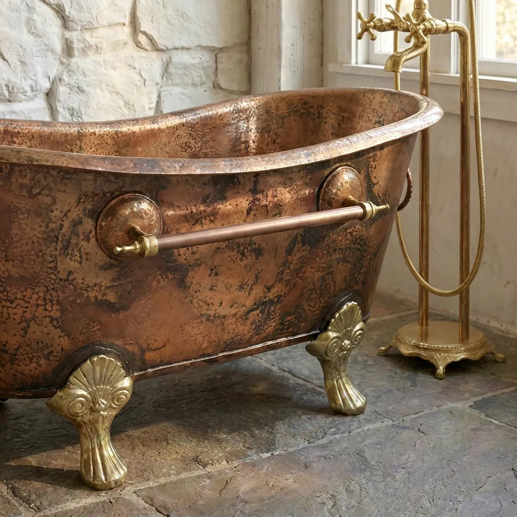 Solid copper clawfoot bathtub with antique finish