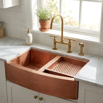 Double-Bowl Hammered Copper Farmhouse Kitchen Sink - KovaDouble-Bowl Hammered Copper Farmhouse Kitchen Sink - Kova