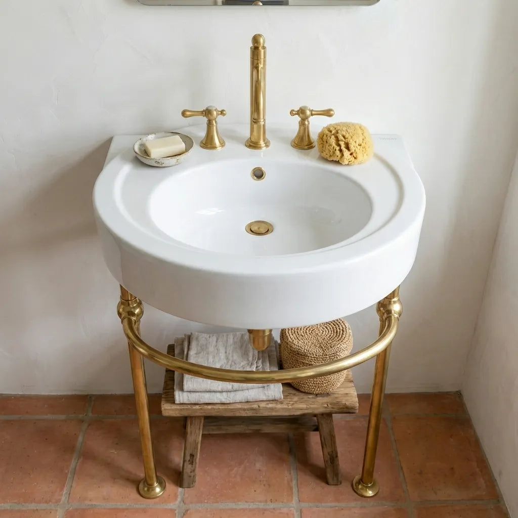 Solid Brass Console Sink Legs with Curved Support Rail - Luxury Bathroom Stand BaseSolid Unlacquered Brass Console Sink Legs with Rail •Custom Size