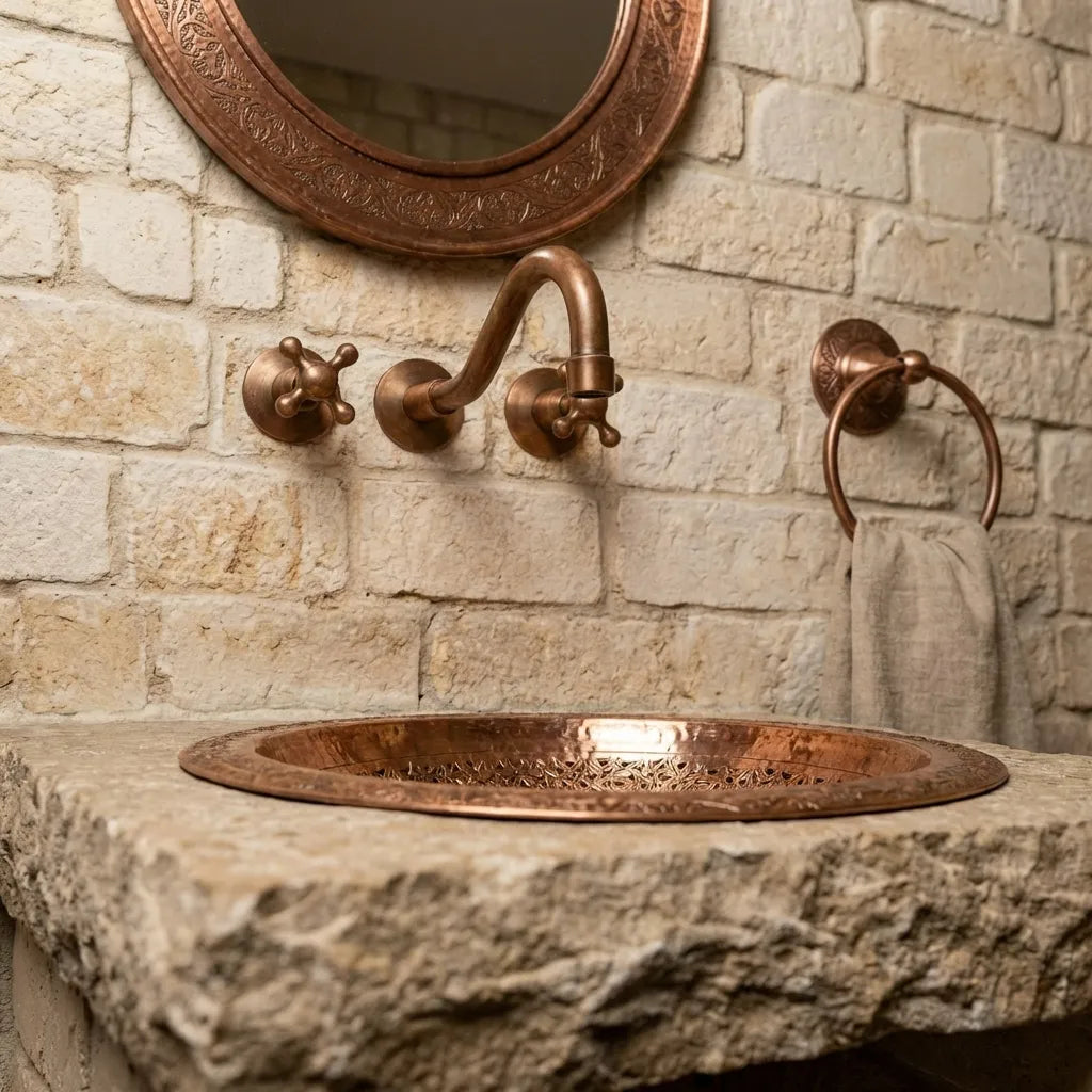 Traditional copper vessel sink installed on stone vanity with wall-mounted faucet