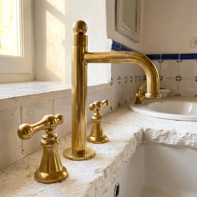 Unlacquered Brass Widespread Faucet - Tall Spout Bathroom Lever TapUnlacquered Brass Widespread Faucet with Lever Handles - Bathroom Tap