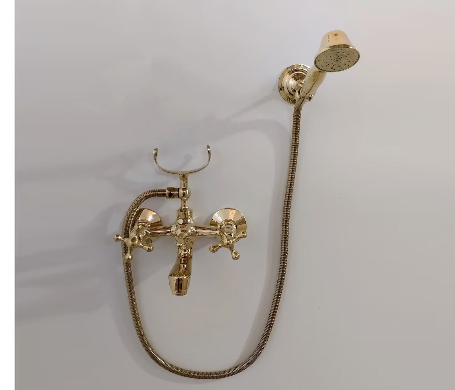 Unlacquered Brass Bathtub Faucet With Handheld Shower Holder - Wall Mounted Tub Faucet - Zayian