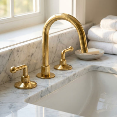 Unlacquered Brass 3 holes Faucet, Solid Brass Widespread Vanity TapUnlacquered Brass 3 holes Faucet, Solid Brass Widespread Vanity Tap