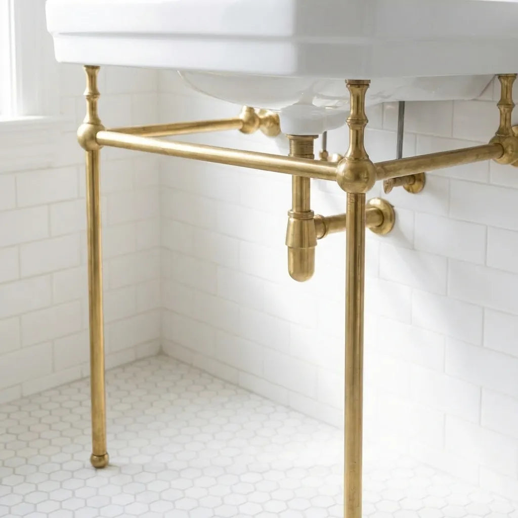 Unlacquered Brass Console Vanity Legs - Handmade Bathroom Sink StandUnlacquered Brass Console Vanity - Handmade Sink Stand Frame