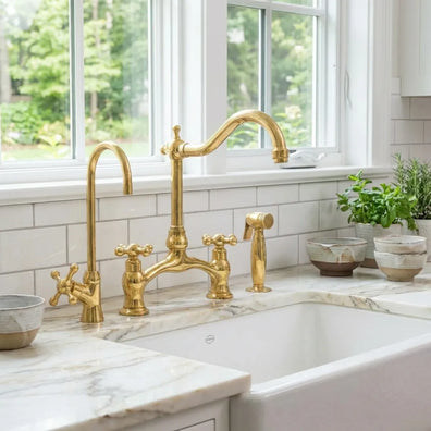 Unlacquered Brass Gooseneck Kitchen Faucet With Sprayer:Unlacquered Brass Gooseneck Kitchen Faucet With Sprayer: