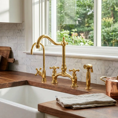 Unlacquered Brass Gooseneck Kitchen Faucet With Sprayer:Unlacquered Brass Gooseneck Kitchen Faucet With Sprayer: