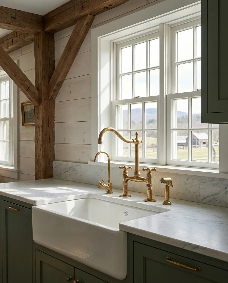 Historic farmhouse kitchen with unlacquered brass bridge faucet over farmhouse sink