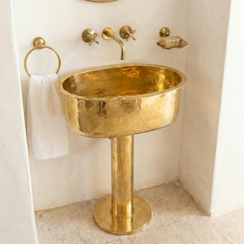 Unlacquered Brass Pedestal Sink – Handmade Hammered Vintage Bathroom Basin