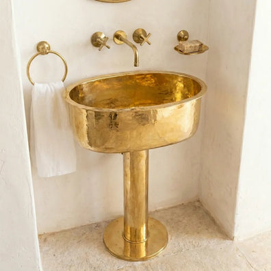 Handmade Hammered Unlacquered Brass Pedestal Sink - Wall-Mounted Vintage Bathroom BasinHammered Unlacquered Brass Pedestal Sink | Vintage Wall-Mount Basin
