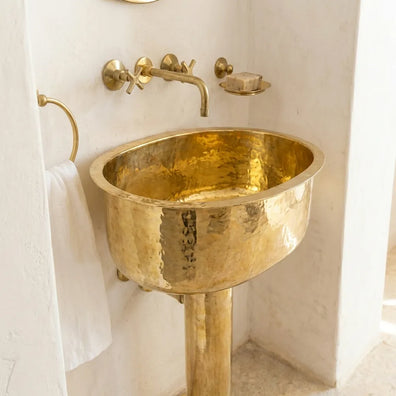 Handmade Hammered Unlacquered Brass Pedestal Sink - Wall-Mounted Vintage Bathroom BasinHammered Unlacquered Brass Pedestal Sink | Vintage Wall-Mount Basin