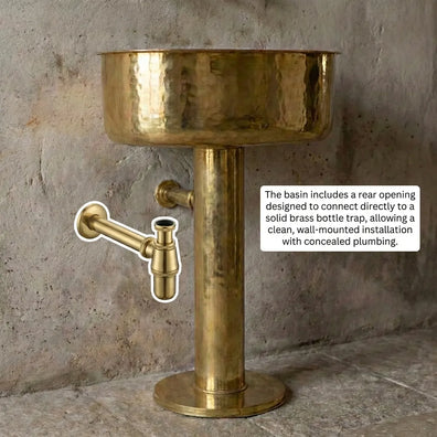 Handmade Hammered Unlacquered Brass Pedestal Sink - Wall-Mounted Vintage Bathroom BasinHammered Unlacquered Brass Pedestal Sink | Vintage Wall-Mount Basin