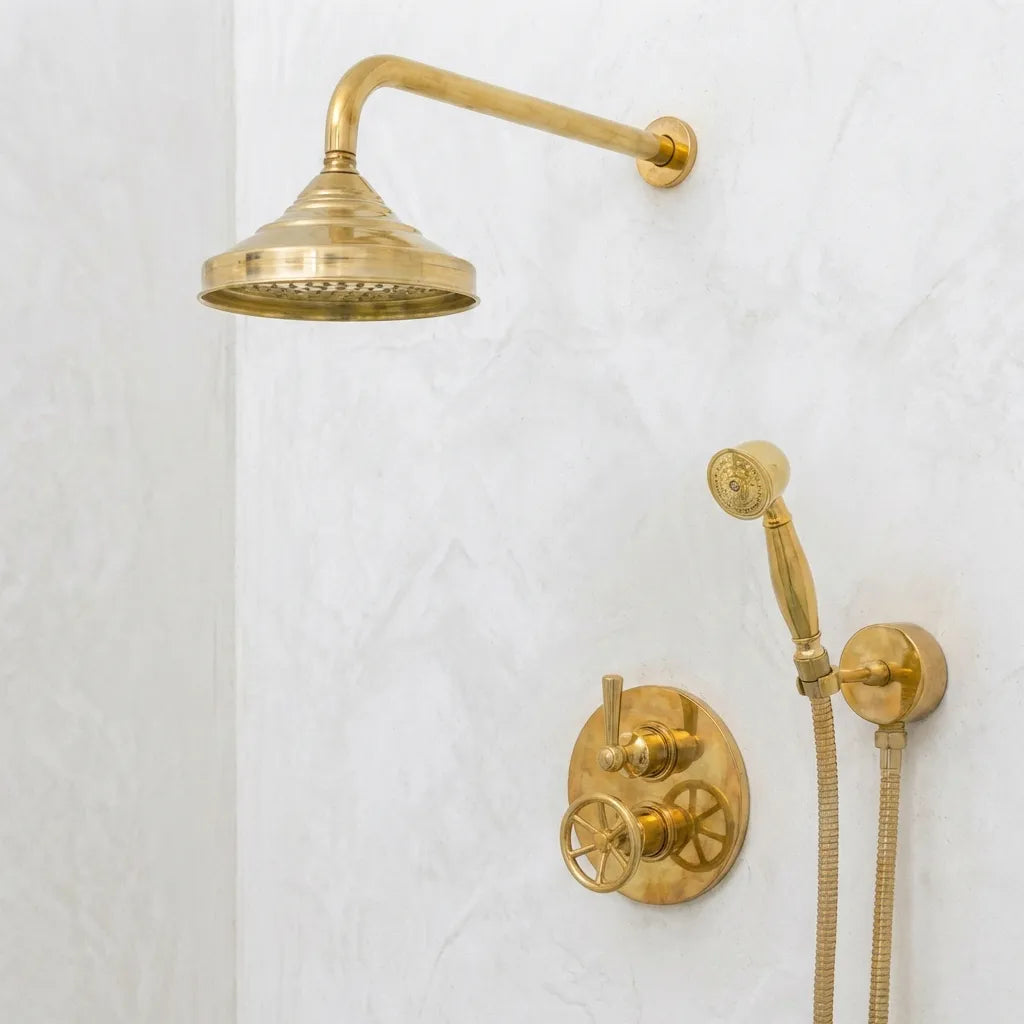 Unlacquered Brass Thermostatic Mixer Shower System -Rain Head with HandheldUnlacquered Brass Thermostatic Mixer Shower System - Rain Head with Handheld
