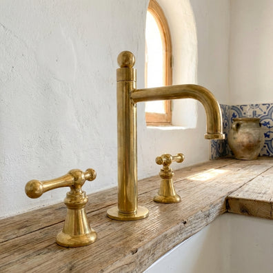 Unlacquered Brass Widespread Faucet - Tall Spout Bathroom Lever TapUnlacquered Brass Widespread Faucet with Lever Handles - Bathroom Tap