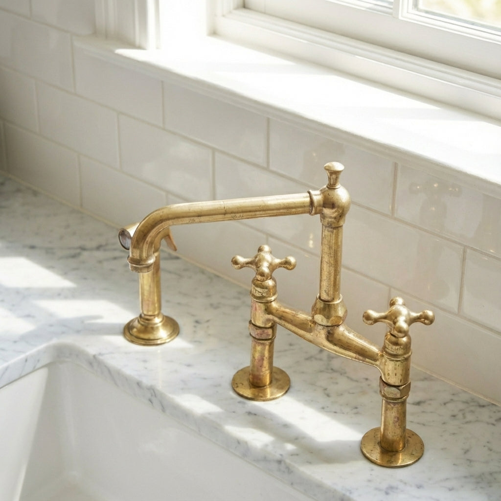 Designer Unlacquered Brass Bridge Kitchen Faucets by zayian