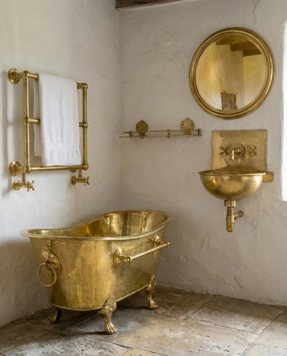 Unlacquered brass freestanding clawfoot bathtub with brass tub filler, wall mounted brass sink, unlacquered brass towel warmer rail, and vintage brass bathroom accessories in a rustic luxury bathroom interior.