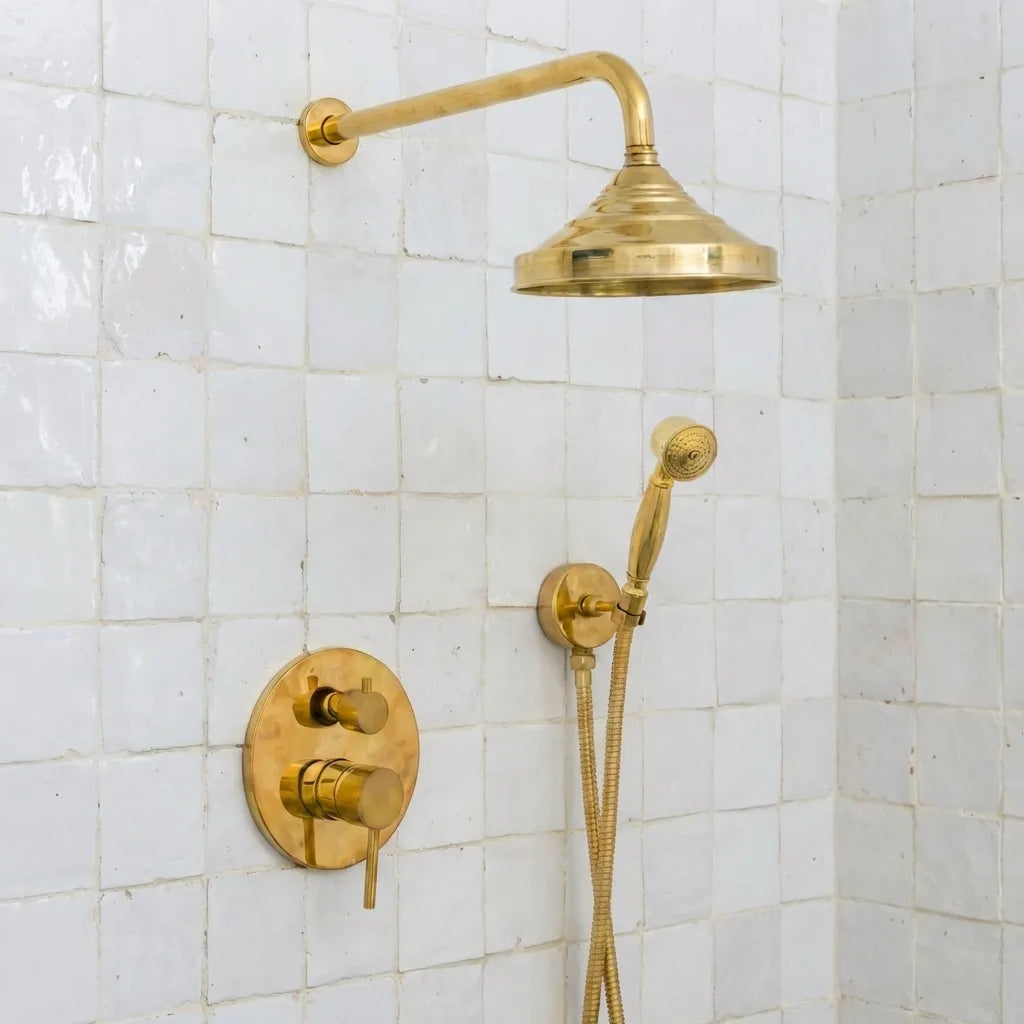 Unlacquered brass thermostatic shower system with wall mounted rain shower and handheld sprayer