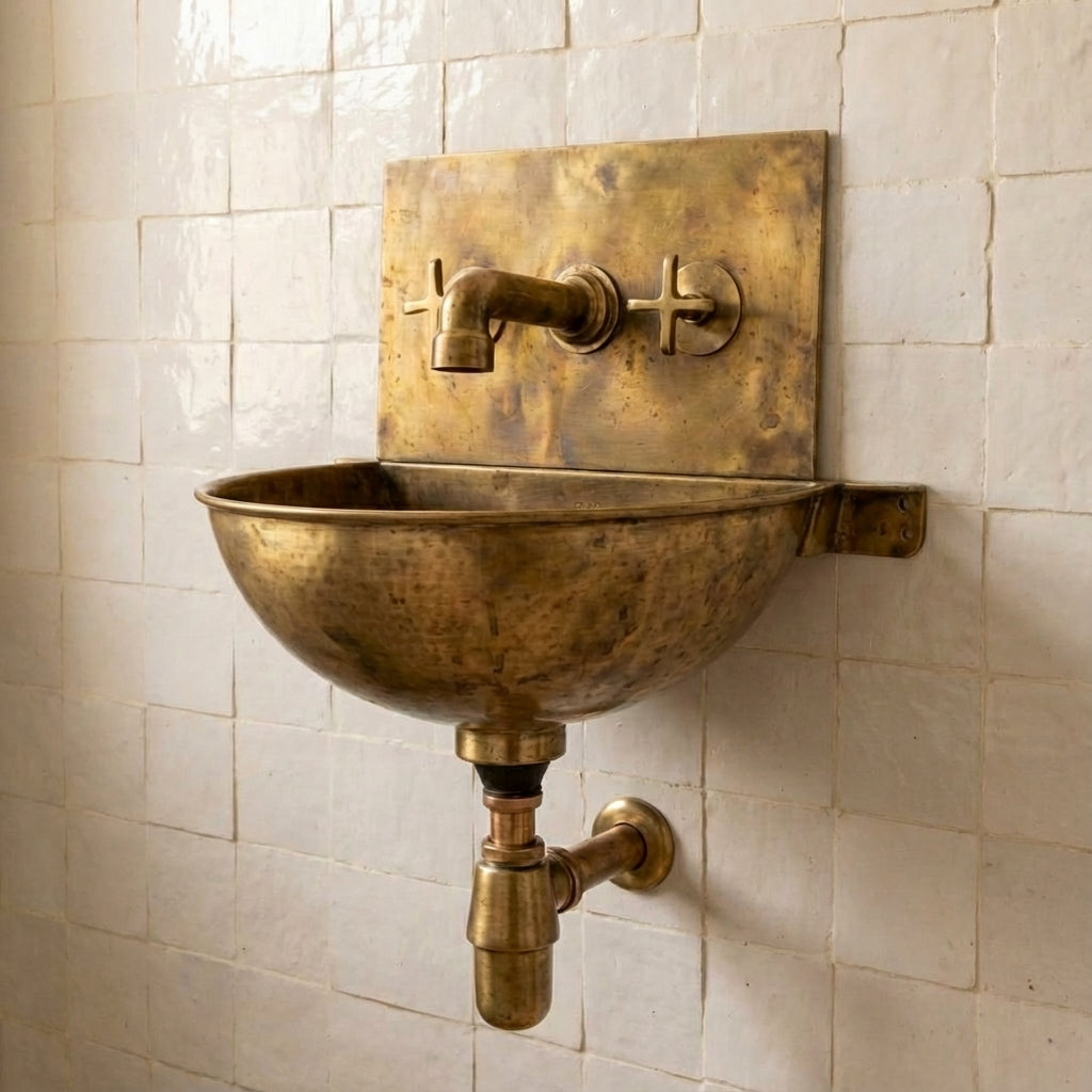 Unlacquered brass wall mounted basin with cross handle faucet