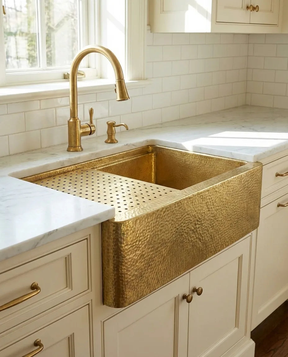 Solid brass hammered farmhouse apron-front kitchen sink with removable drain grid