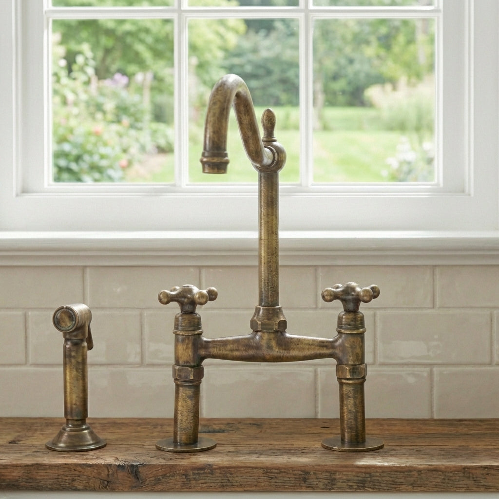 Handmade Victorian Vintage Brass Bridge Kitchen Faucet - Ornate Swan-NeckVintage Brass Bridge Kitchen Faucet - Antique Brass Swan-Neck · Zayian